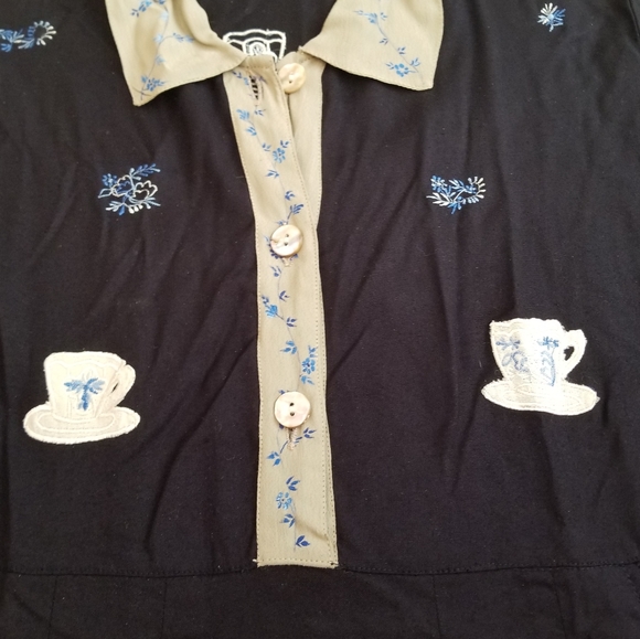 PAPY BOEZ Dress M/L Peasant Prairie Floral Teacups Embroidered Navy Blue - Picture 4 of 10